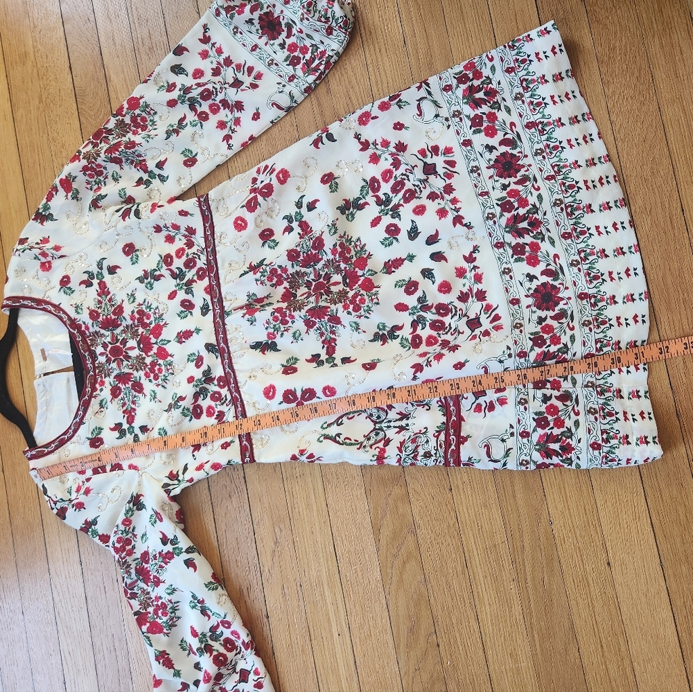 Free People White & Red "Russian Doll" Babydoll Gathered Cuff Long Sleeve Dress - Picture 8 of 10